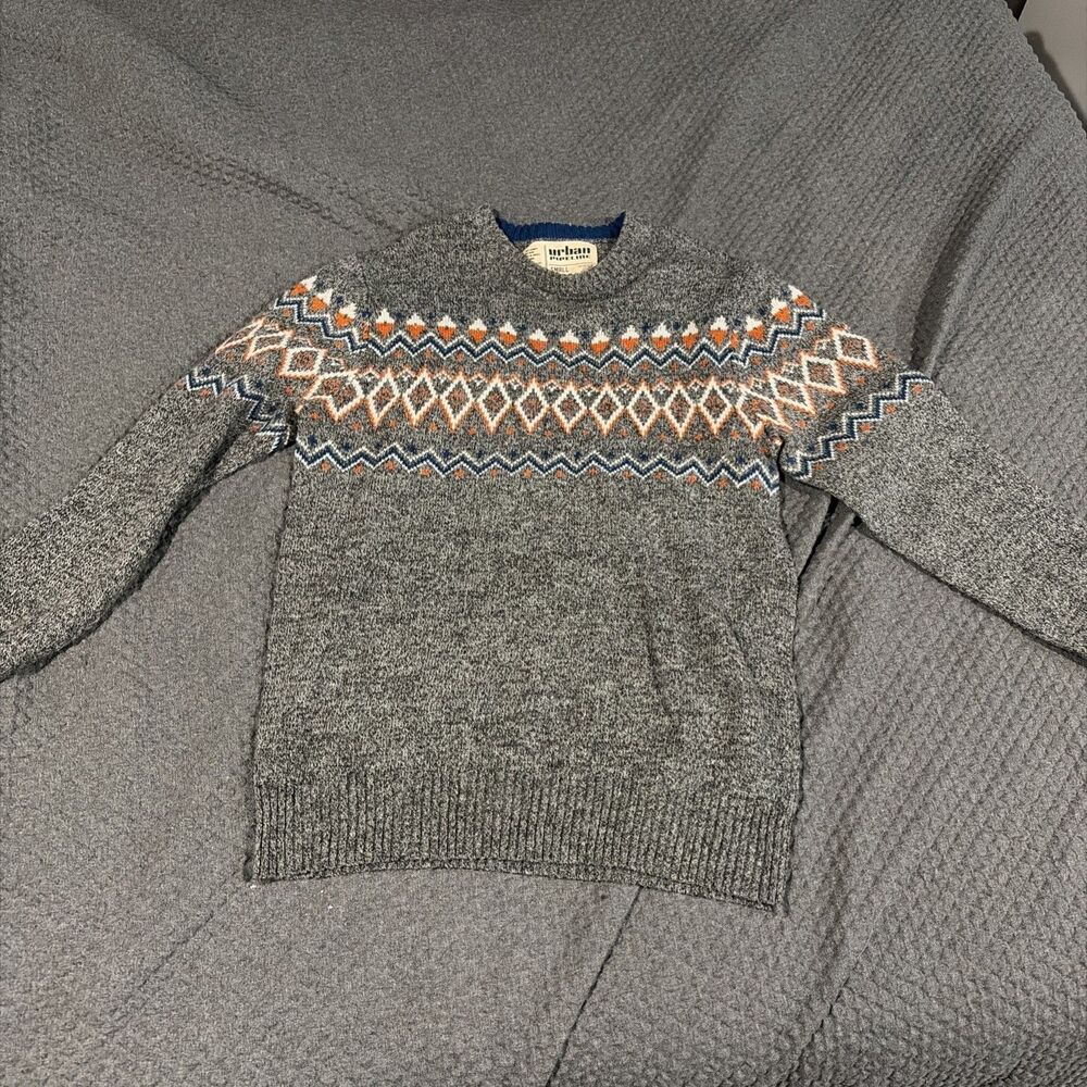 Urban Pipeline Men's Fair Isle Knit Sweater Gray Crew Neck Pullover Small